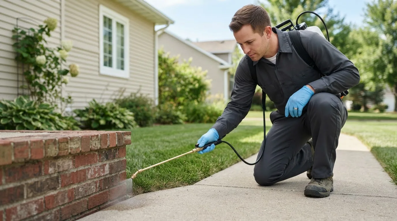 Pest control technician treating a home near Bryant, IA