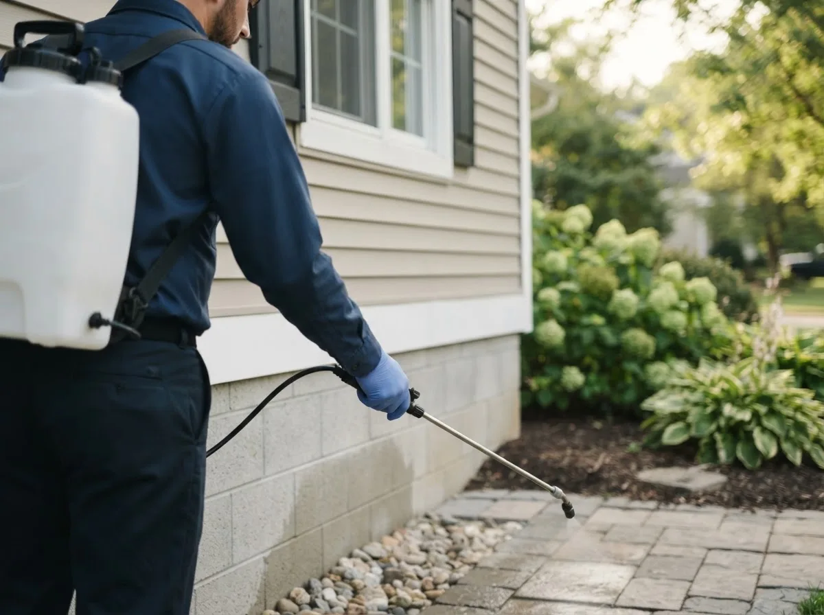 Pest control technician inspecting a home in Bryant, IA